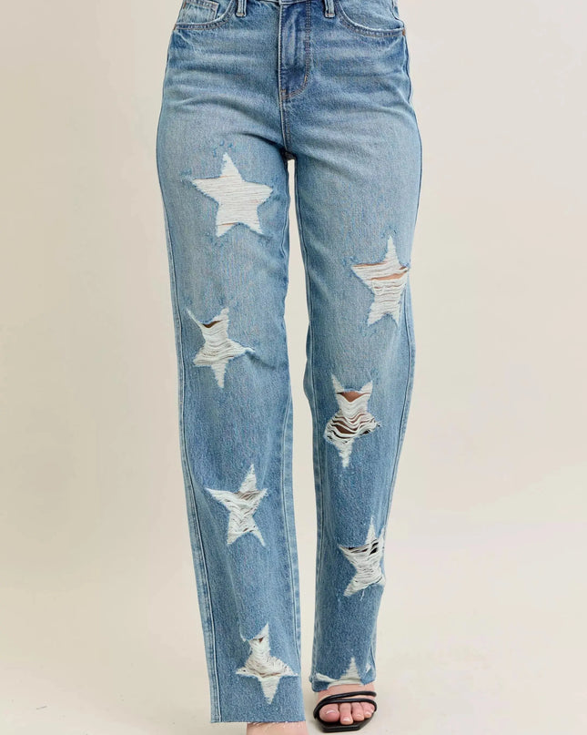 Judy Blue Full Size High Waist Rigid Magic Star Shaped Destroy 90's Straight Jeans Plus Size - Sleekdenim.com