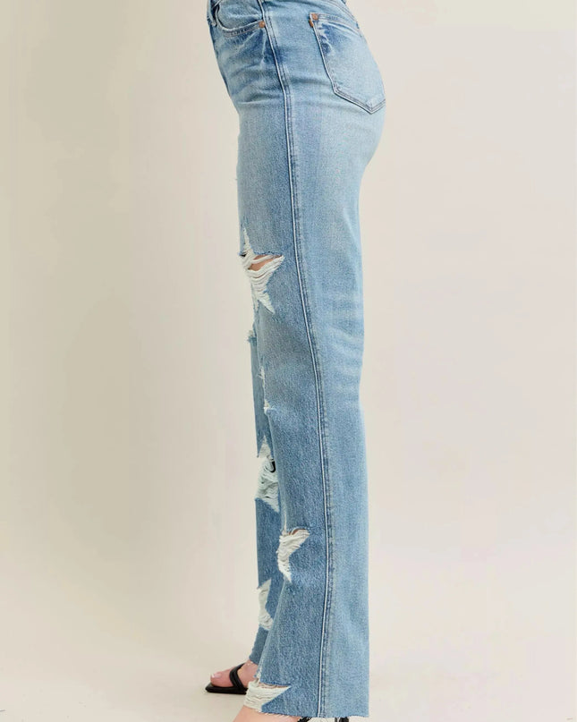Judy Blue Full Size High Waist Rigid Magic Star Shaped Destroy 90's Straight Jeans Plus Size - Sleekdenim.com