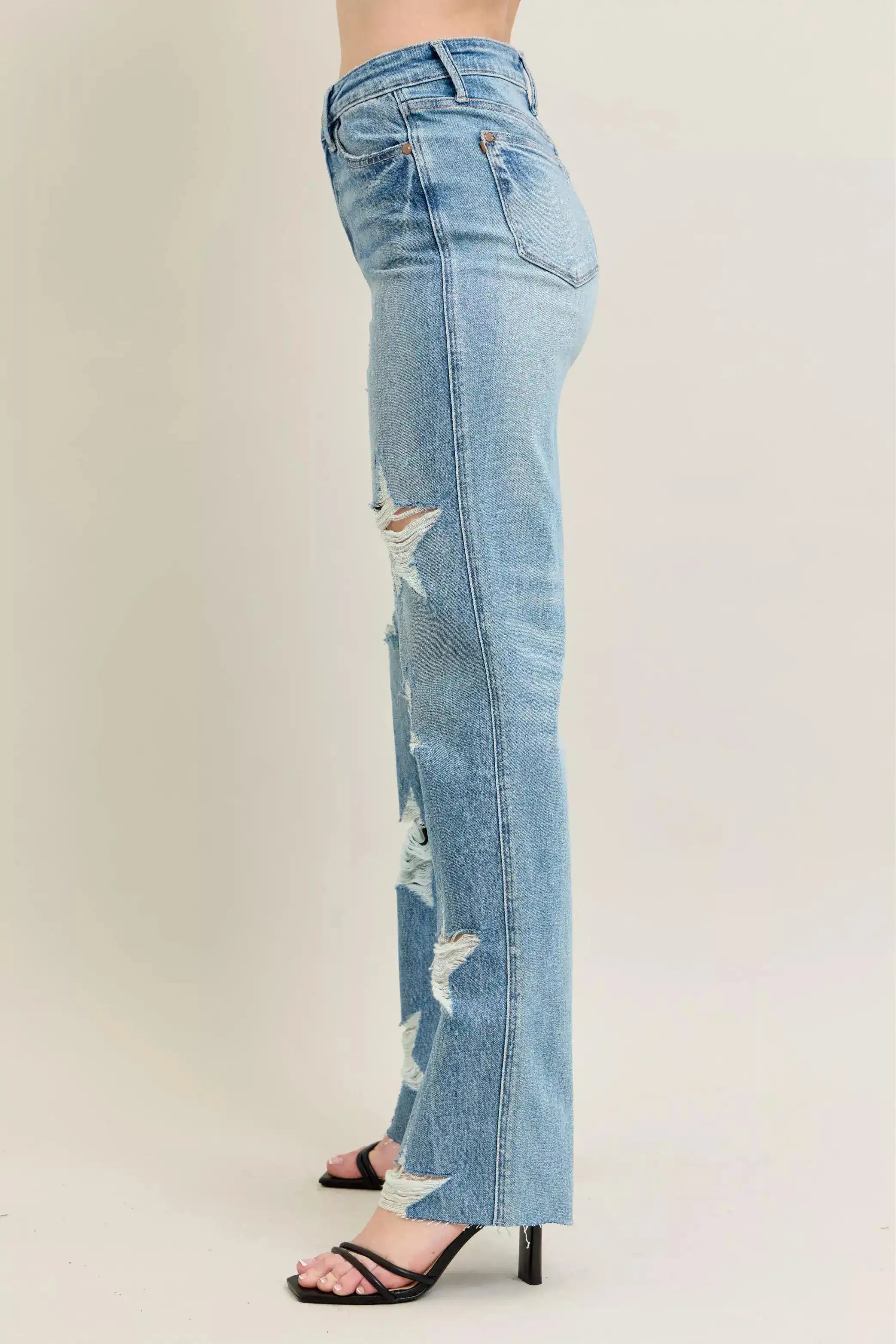 Judy Blue High Waist Rigid Magic Star Shaped Destroy 90's Straight Jeans 88915 - Sleekdenim.com