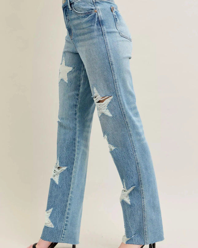 Judy Blue Full Size High Waist Rigid Magic Star Shaped Destroy 90's Straight Jeans Plus Size - Sleekdenim.com