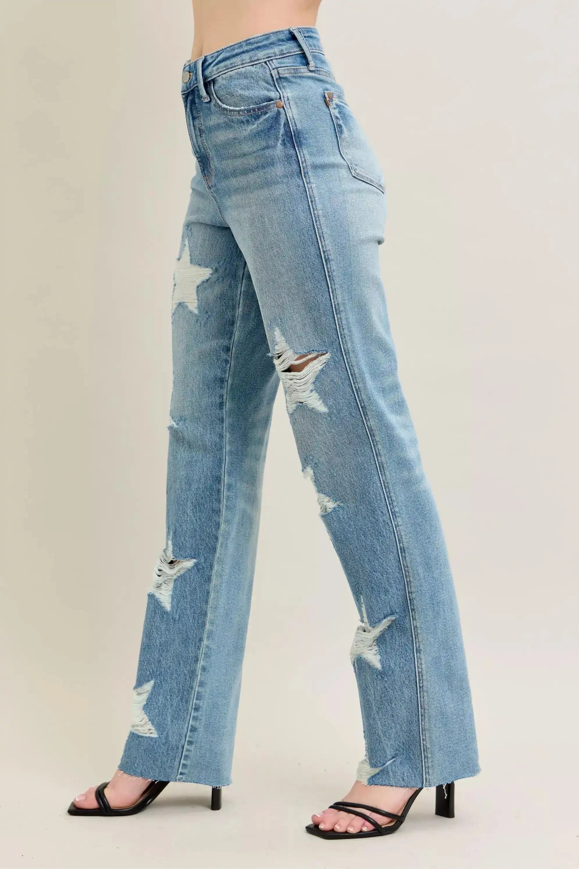 Judy Blue High Waist Rigid Magic Star Shaped Destroy 90's Straight Jeans 88915 - Sleekdenim.com