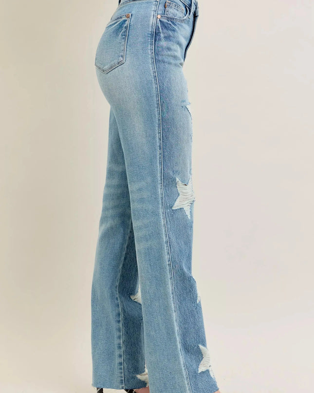 Judy Blue Full Size High Waist Rigid Magic Star Shaped Destroy 90's Straight Jeans Plus Size - Sleekdenim.com