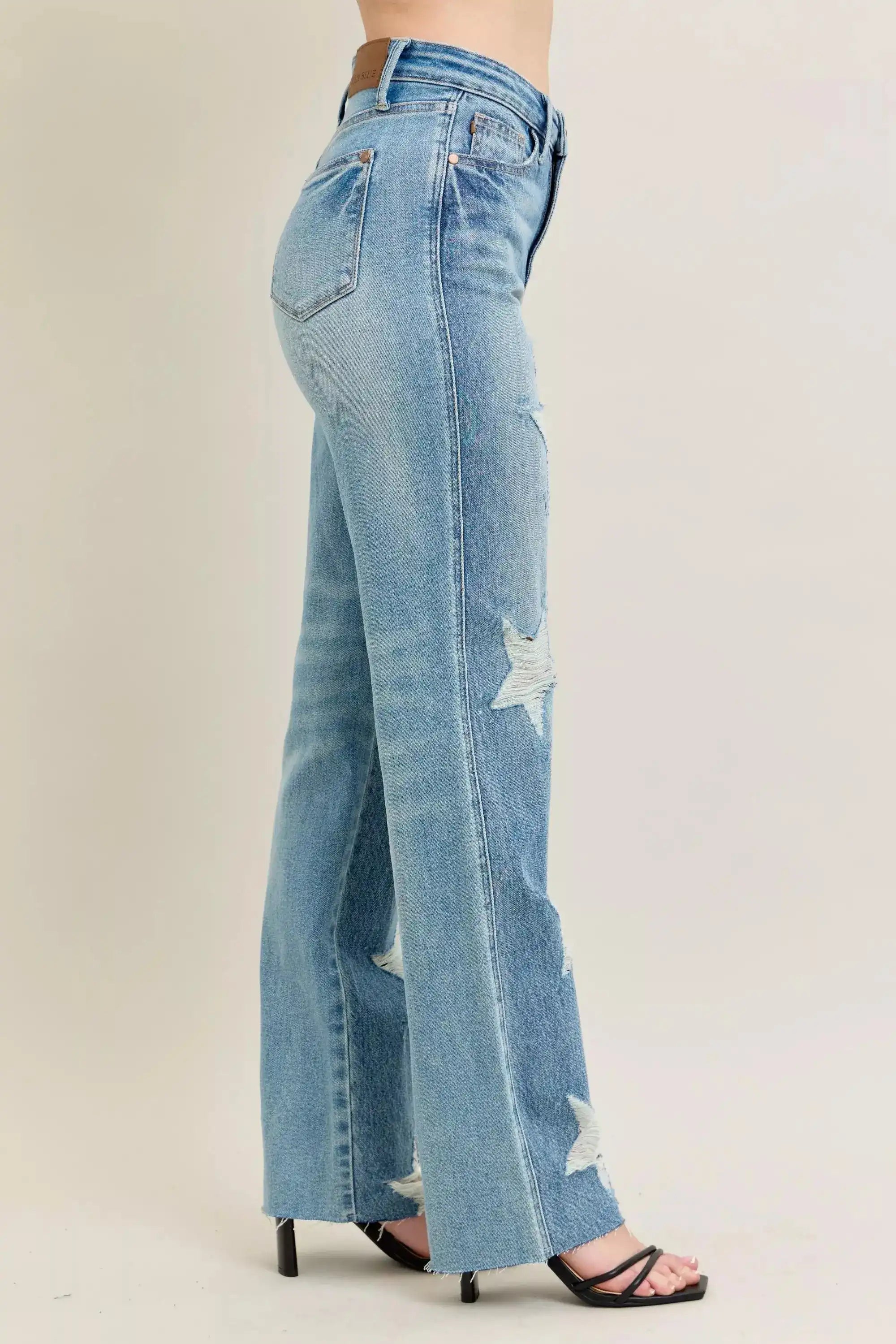 Judy Blue High Waist Rigid Magic Star Shaped Destroy 90's Straight Jeans 88915 - Sleekdenim.com