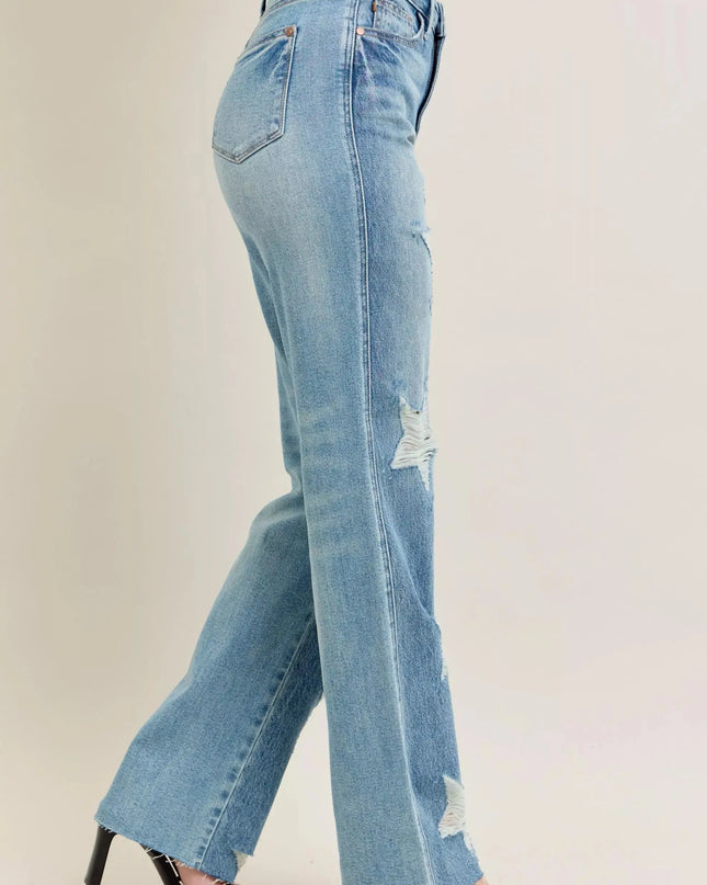 Judy Blue Full Size High Waist Rigid Magic Star Shaped Destroy 90's Straight Jeans Plus Size - Sleekdenim.com