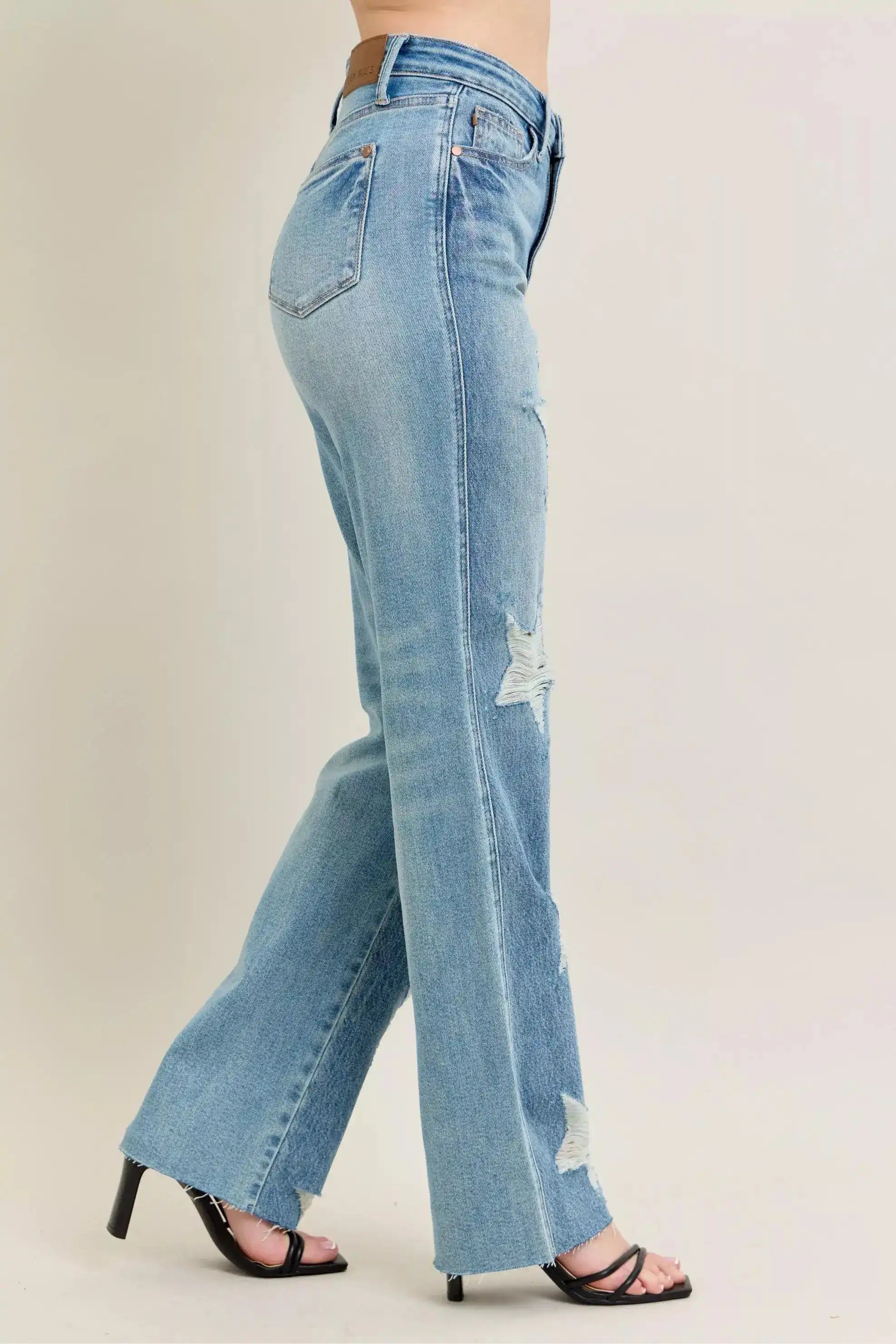 Judy Blue High Waist Rigid Magic Star Shaped Destroy 90's Straight Jeans 88915 - Sleekdenim.com