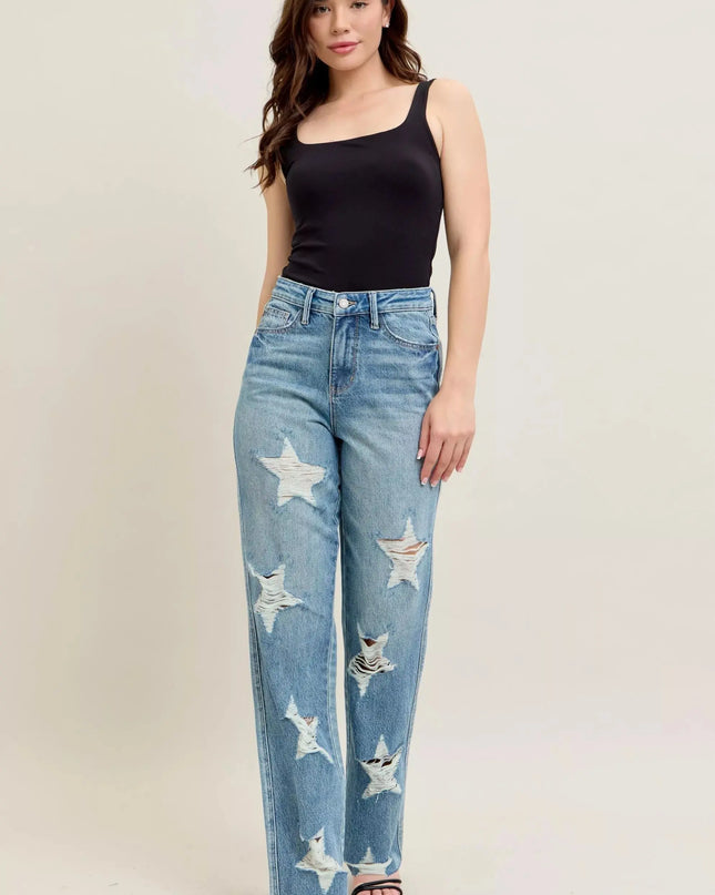 Judy Blue Full Size High Waist Rigid Magic Star Shaped Destroy 90's Straight Jeans Plus Size - Sleekdenim.com