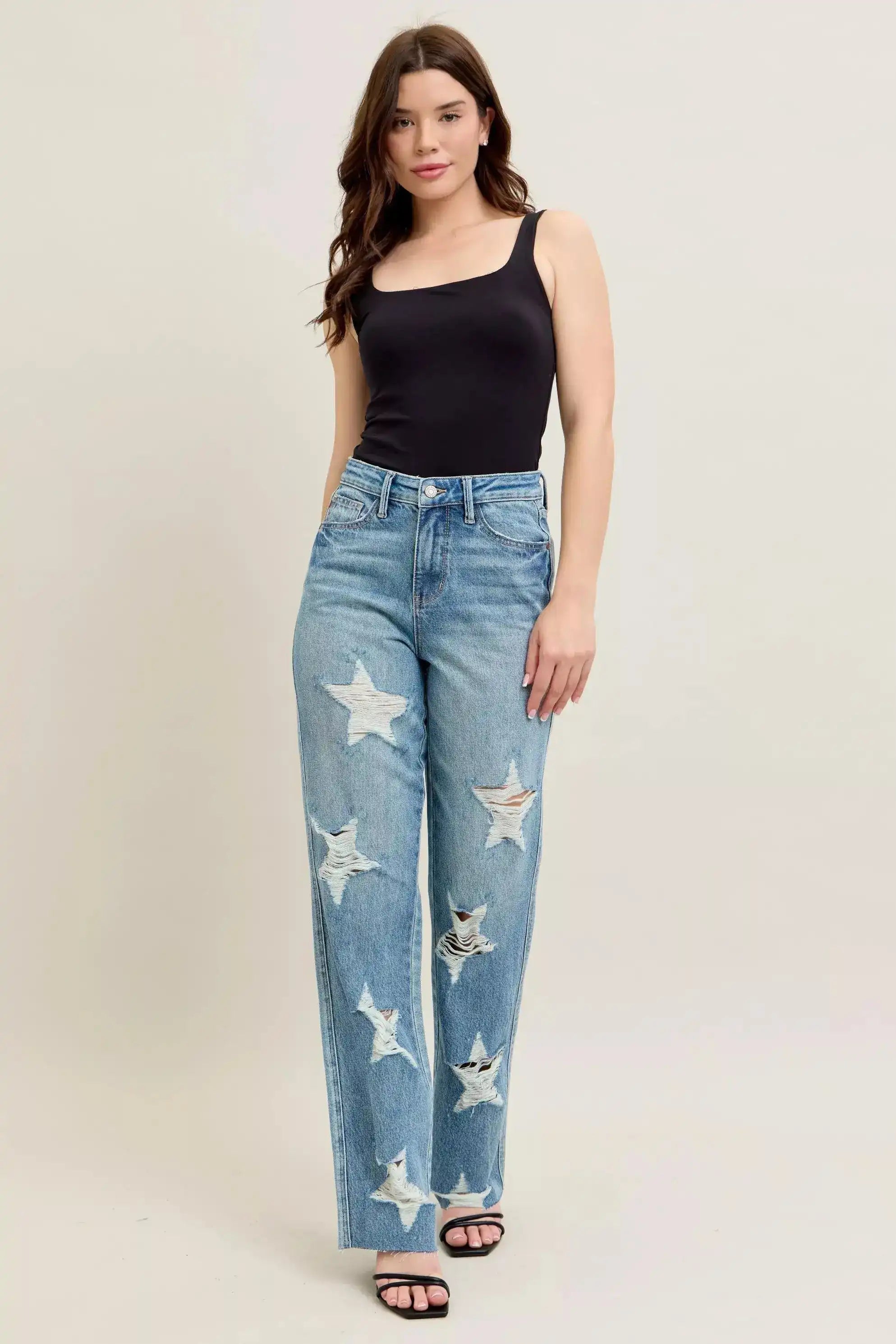 Judy Blue High Waist Rigid Magic Star Shaped Destroy 90's Straight Jeans 88915 - Sleekdenim.com