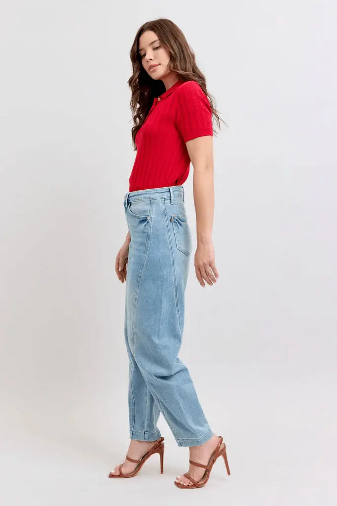 Judy Blue High Waist Side Panel Barrel Leg 88959 - Sleekdenim.com