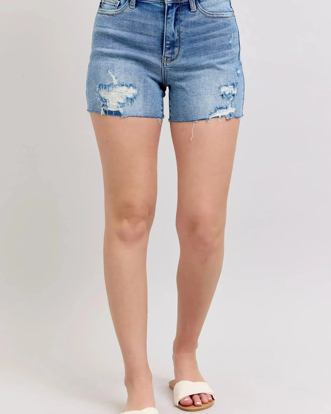 Judy Blue High Waist Stitch Over Destroy Detail Denim Short 15294 - Sleekdenim.com