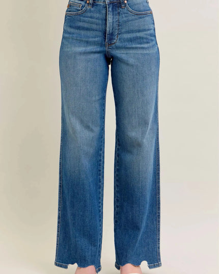 Judy Blue Full Size High Waist Tummy Control Chew Hem Destroy Wide Jeans Plus Size - Sleekdenim.com