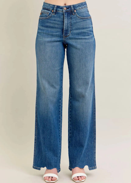 Judy Blue Full Size High Waist Tummy Control Chew Hem Destroy Wide Jeans Plus Size - Sleekdenim.com