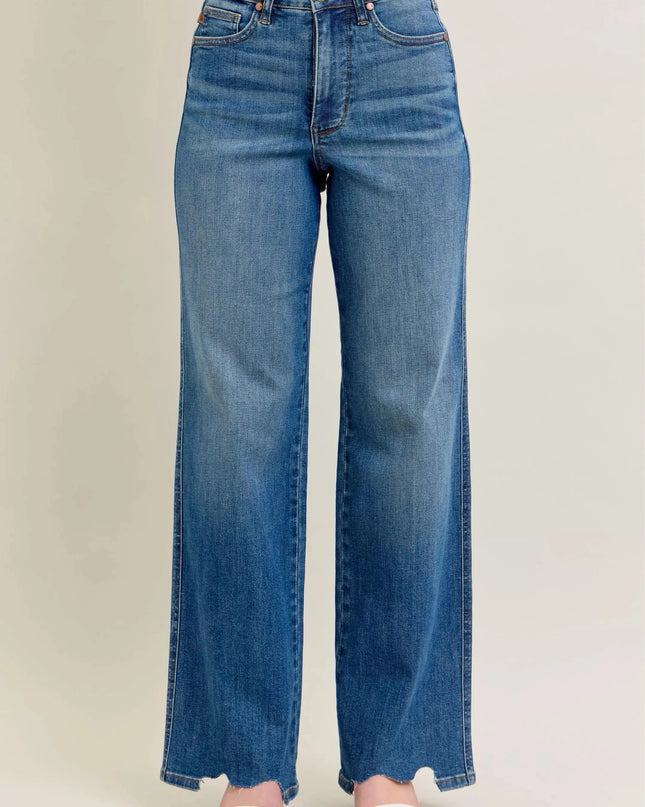 Judy Blue Full Size High Waist Tummy Control Chew Hem Destroy Wide Jeans Plus Size - Sleekdenim.com