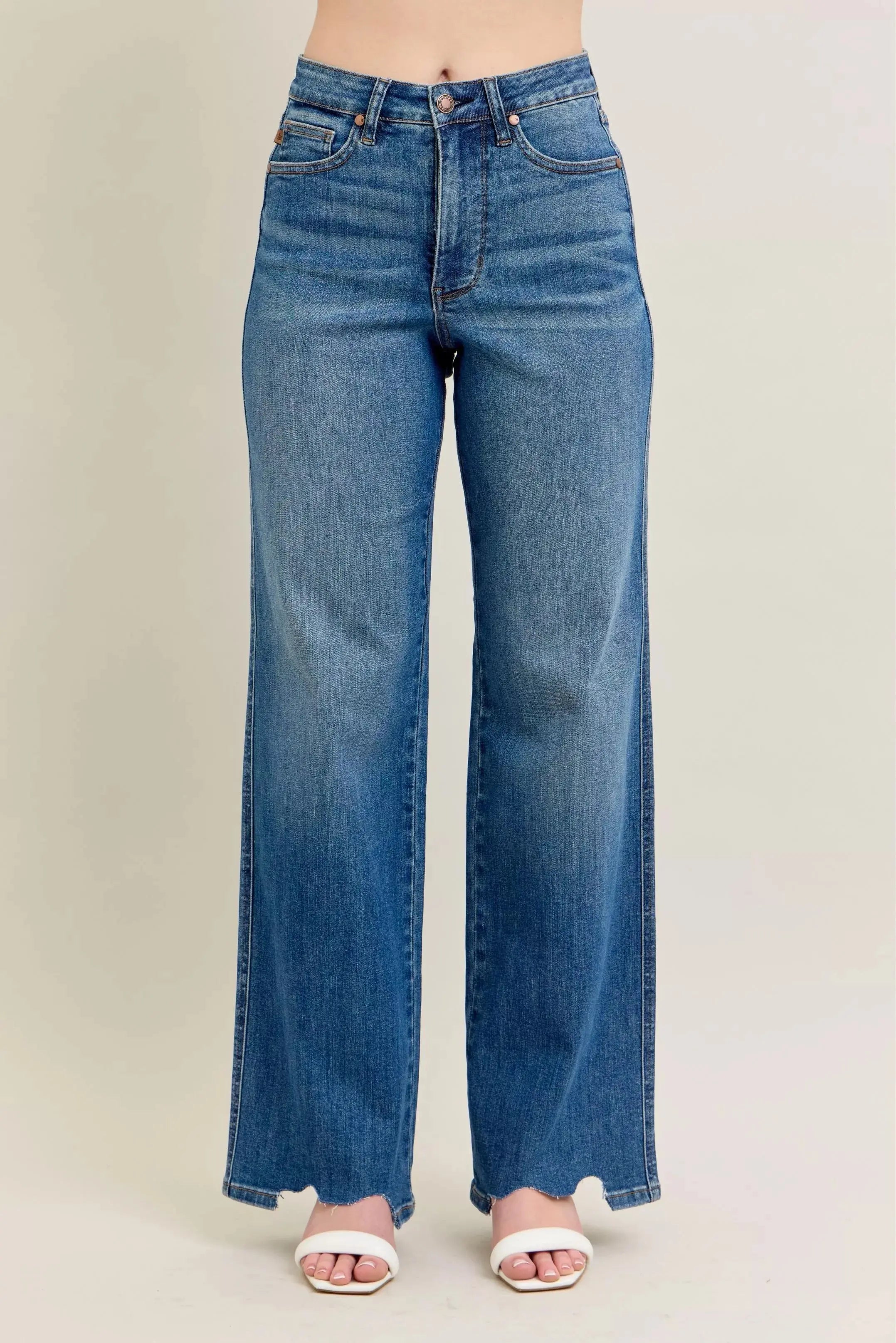 Judy Blue Full Size High Waist Tummy Control Chew Hem Destroy Wide Jeans Plus Size - Sleekdenim.com