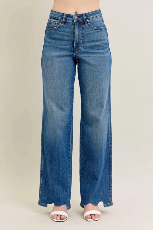 Judy Blue Full Size High Waist Tummy Control Chew Hem Destroy Wide Jeans Plus Size - Sleekdenim.com
