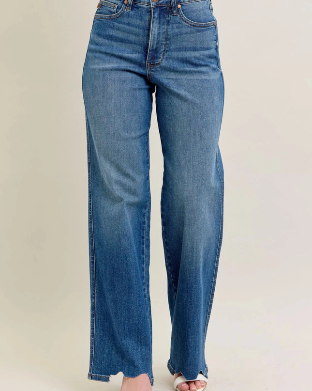 Judy Blue Full Size High Waist Tummy Control Chew Hem Destroy Wide Jeans Plus Size - Sleekdenim.com