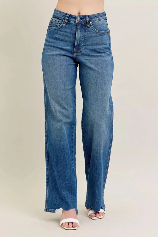 Judy Blue Full Size High Waist Tummy Control Chew Hem Destroy Wide Jeans Plus Size - Sleekdenim.com