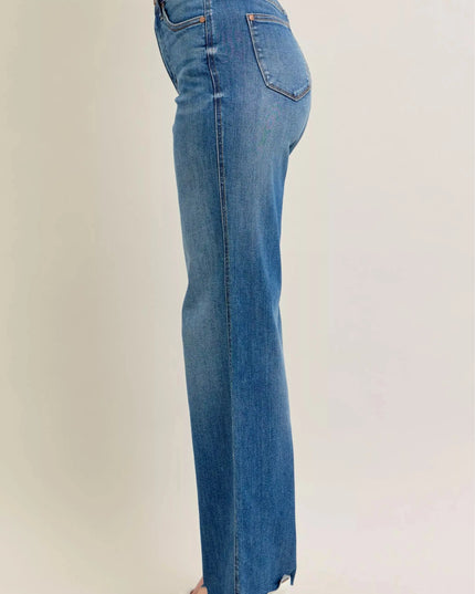 Judy Blue Full Size High Waist Tummy Control Chew Hem Destroy Wide Jeans Plus Size - Sleekdenim.com