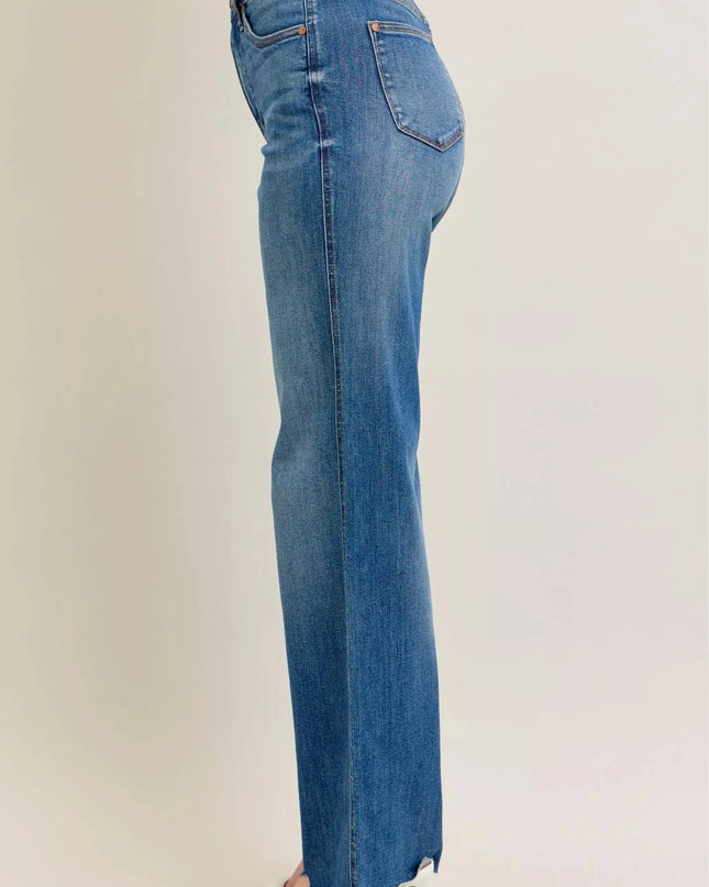 Judy Blue Full Size High Waist Tummy Control Chew Hem Destroy Wide Jeans Plus Size - Sleekdenim.com