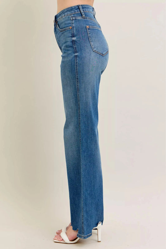 Judy Blue Full Size High Waist Tummy Control Chew Hem Destroy Wide Jeans Plus Size - Sleekdenim.com