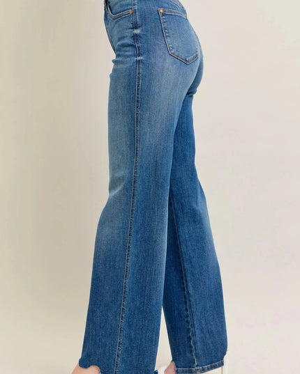 Judy Blue Full Size High Waist Tummy Control Chew Hem Destroy Wide Jeans Plus Size - Sleekdenim.com