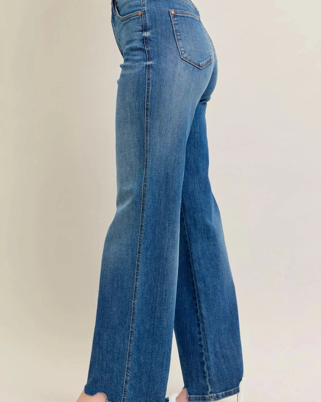 Judy Blue Full Size High Waist Tummy Control Chew Hem Destroy Wide Jeans Plus Size - Sleekdenim.com