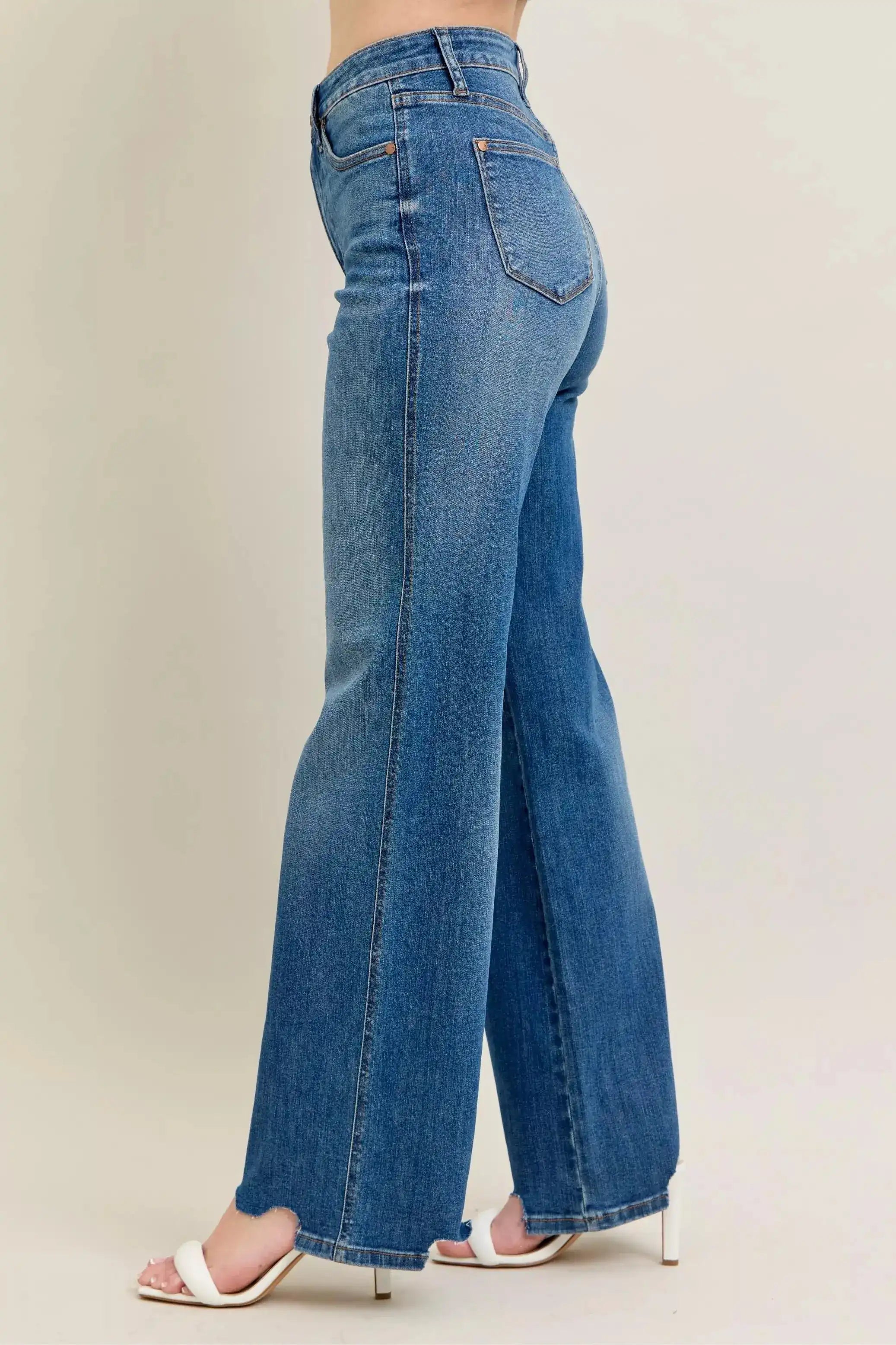 Judy Blue High Waist Tummy Control Chew Hem Destroy Wide Jeans - Sleekdenim.com