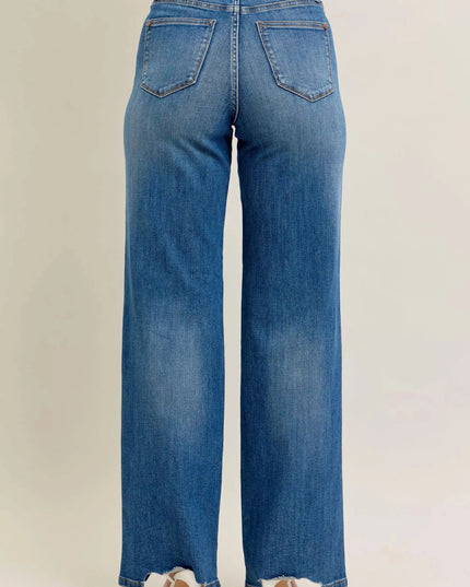 Judy Blue Full Size High Waist Tummy Control Chew Hem Destroy Wide Jeans Plus Size - Sleekdenim.com