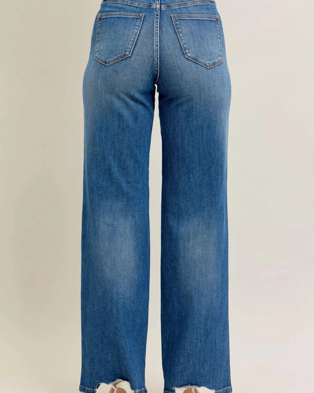 Judy Blue Full Size High Waist Tummy Control Chew Hem Destroy Wide Jeans Plus Size - Sleekdenim.com