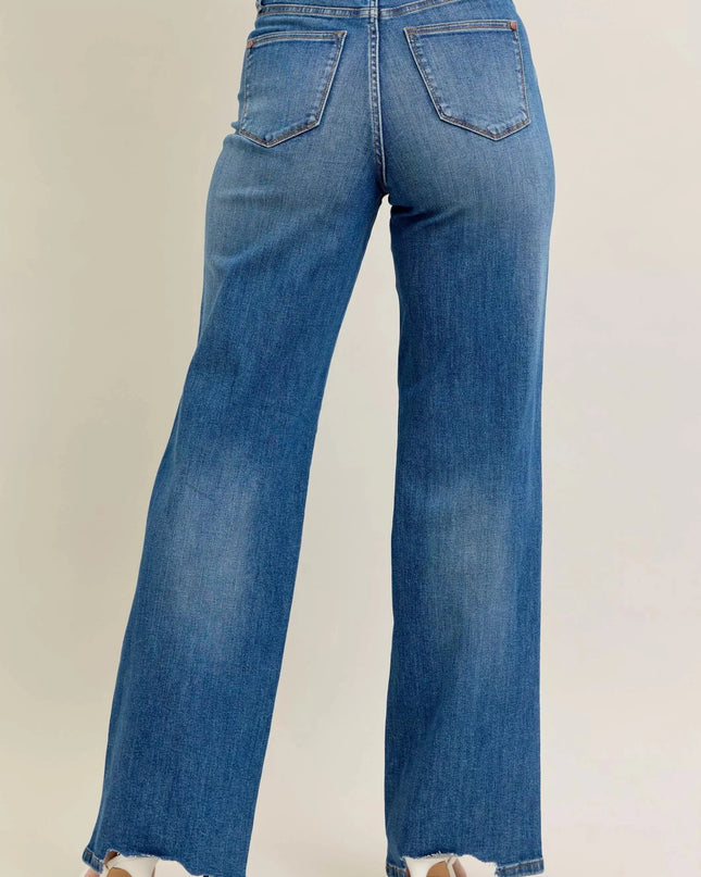 Judy Blue Full Size High Waist Tummy Control Chew Hem Destroy Wide Jeans Plus Size - Sleekdenim.com