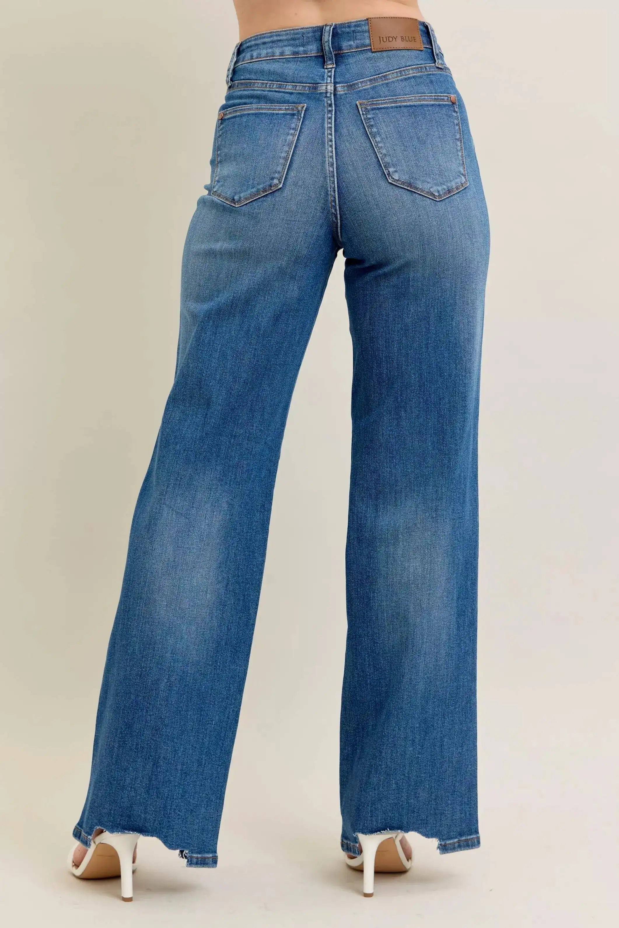 Judy Blue High Waist Tummy Control Chew Hem Destroy Wide Jeans - Sleekdenim.com