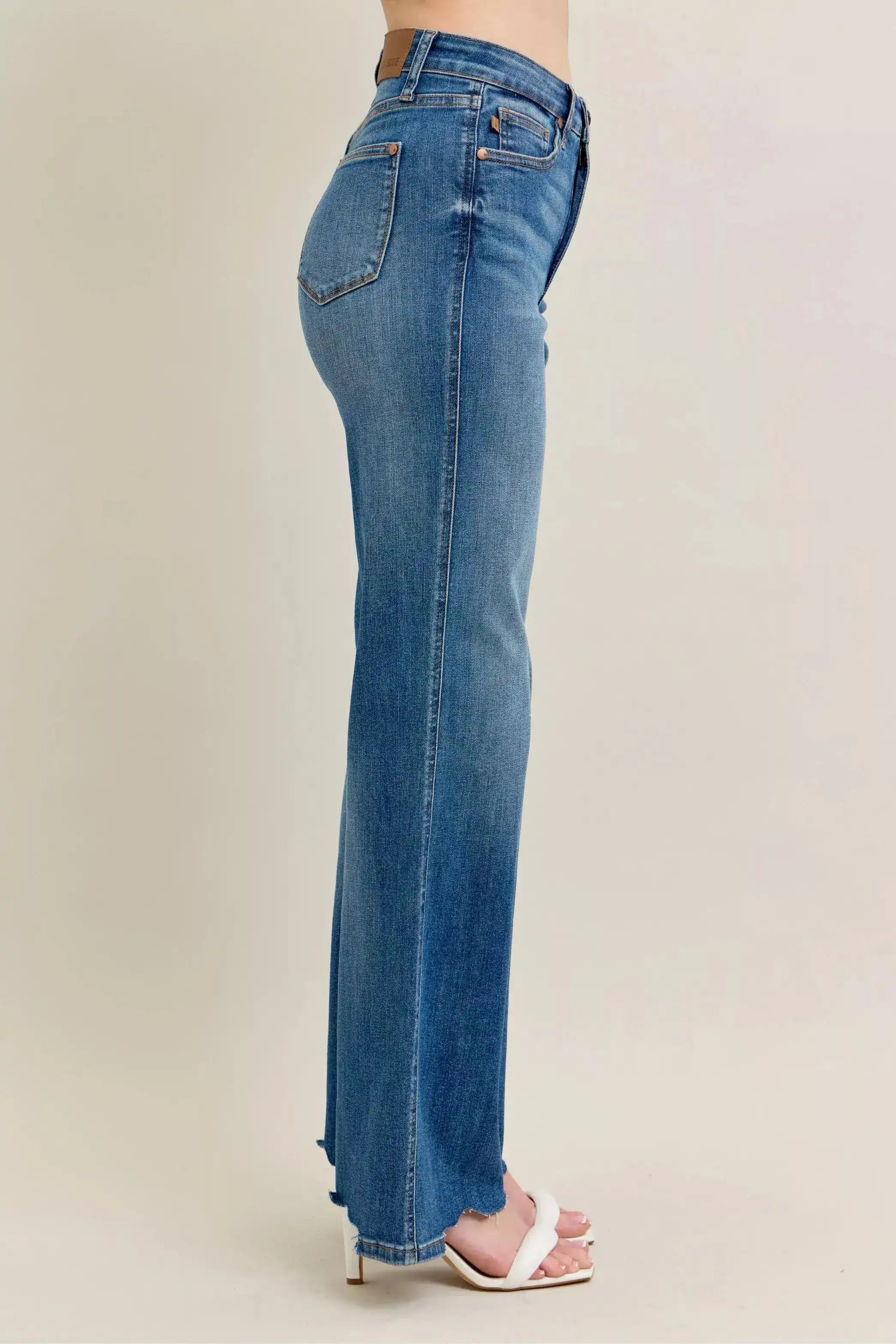 Judy Blue High Waist Tummy Control Chew Hem Destroy Wide Jeans - Sleekdenim.com
