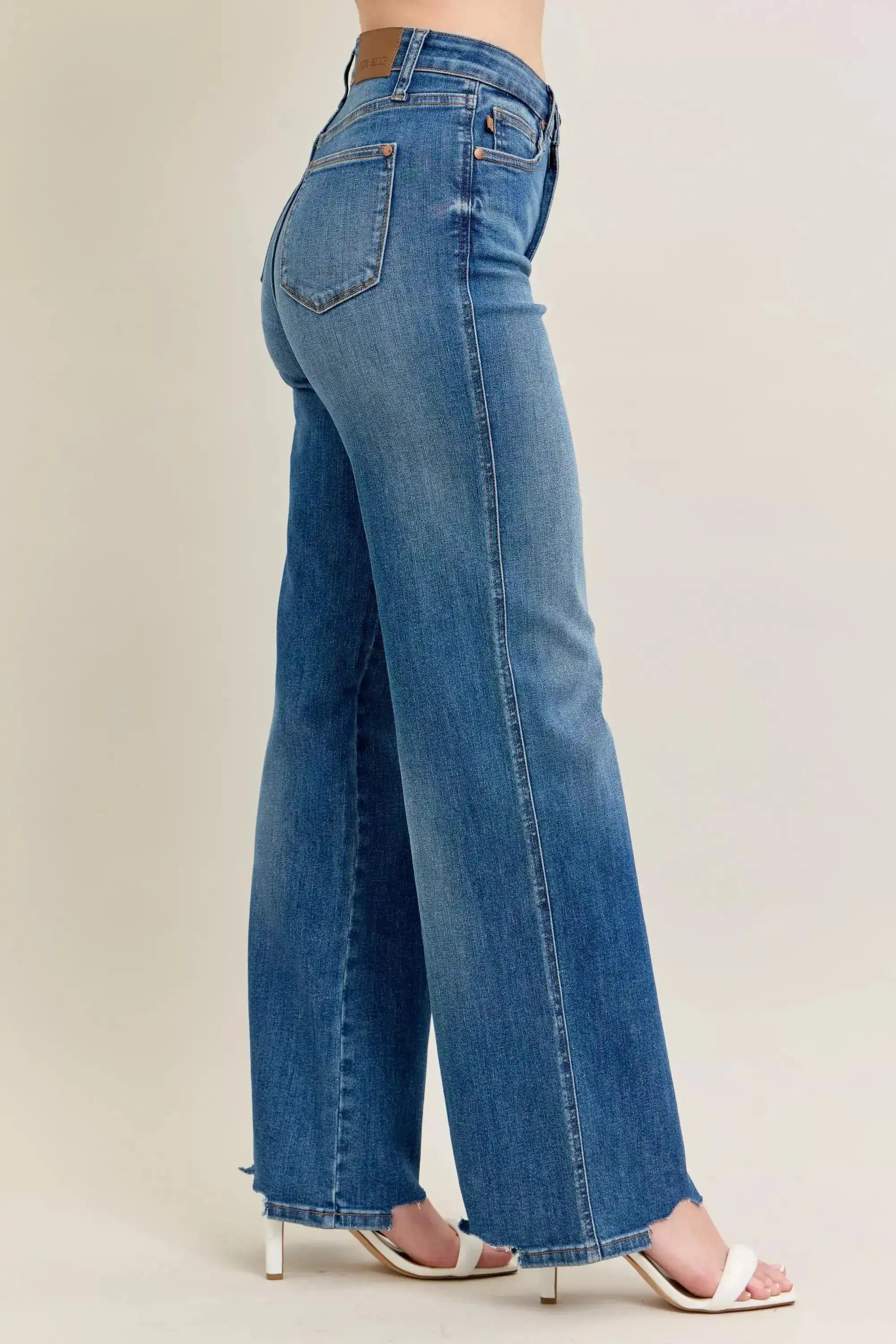 Judy Blue High Waist Tummy Control Chew Hem Destroy Wide Jeans - Sleekdenim.com