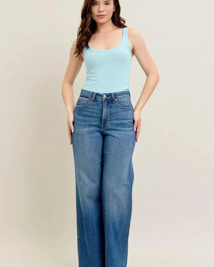 Judy Blue Full Size High Waist Tummy Control Chew Hem Destroy Wide Jeans Plus Size - Sleekdenim.com