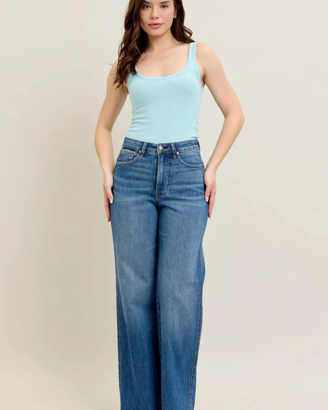 Judy Blue Full Size High Waist Tummy Control Chew Hem Destroy Wide Jeans Plus Size - Sleekdenim.com