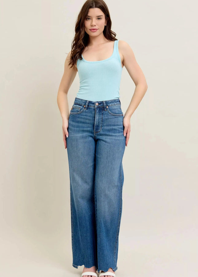 Judy Blue Full Size High Waist Tummy Control Chew Hem Destroy Wide Jeans Plus Size - Sleekdenim.com
