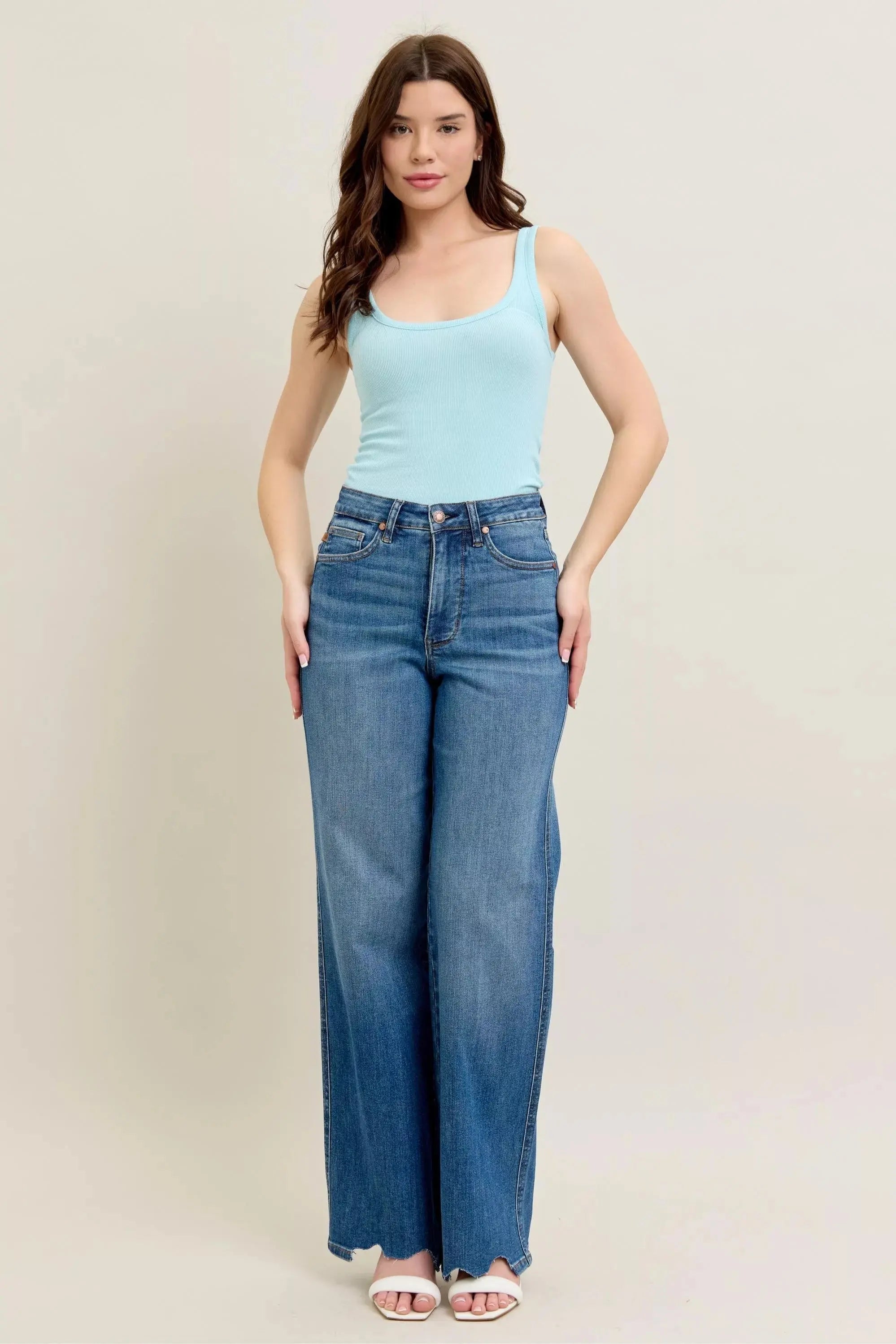 Judy Blue Full Size High Waist Tummy Control Chew Hem Destroy Wide Jeans Plus Size - Sleekdenim.com