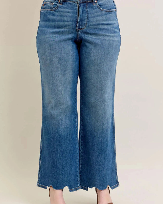 Judy Blue Full Size High Waist Tummy Control Chew Hem Destroy Wide Jeans Plus Size - Sleekdenim.com