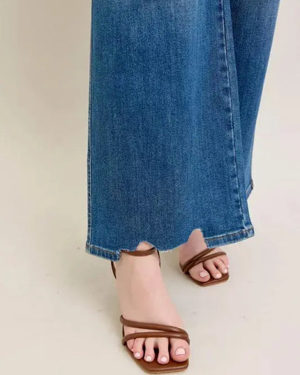 Judy Blue Full Size High Waist Tummy Control Chew Hem Destroy Wide Jeans Plus Size - Sleekdenim.com