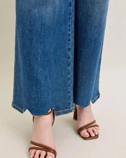 Judy Blue Full Size High Waist Tummy Control Chew Hem Destroy Wide Jeans Plus Size - Sleekdenim.com