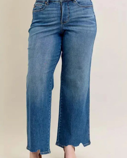 Judy Blue Full Size High Waist Tummy Control Chew Hem Destroy Wide Jeans Plus Size - Sleekdenim.com