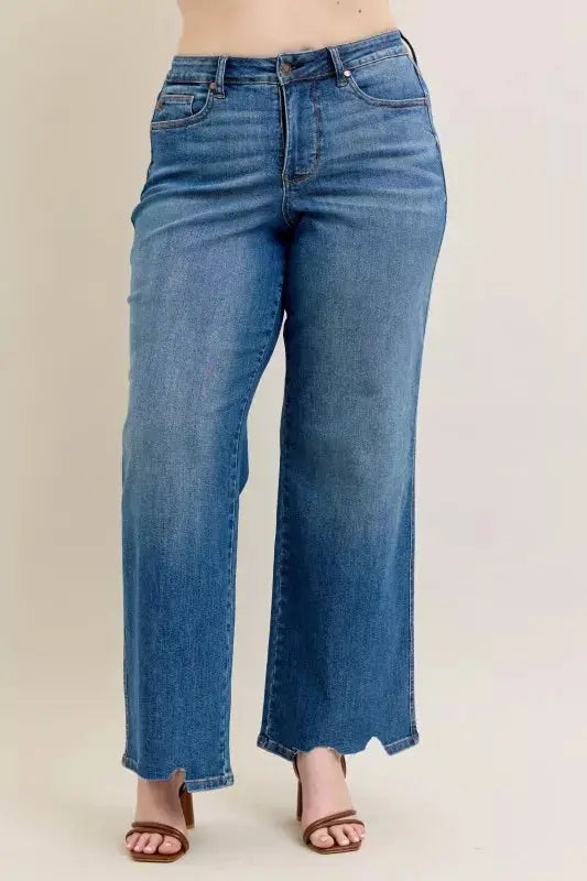 Judy Blue Full Size High Waist Tummy Control Chew Hem Destroy Wide Jeans Plus Size - Sleekdenim.com