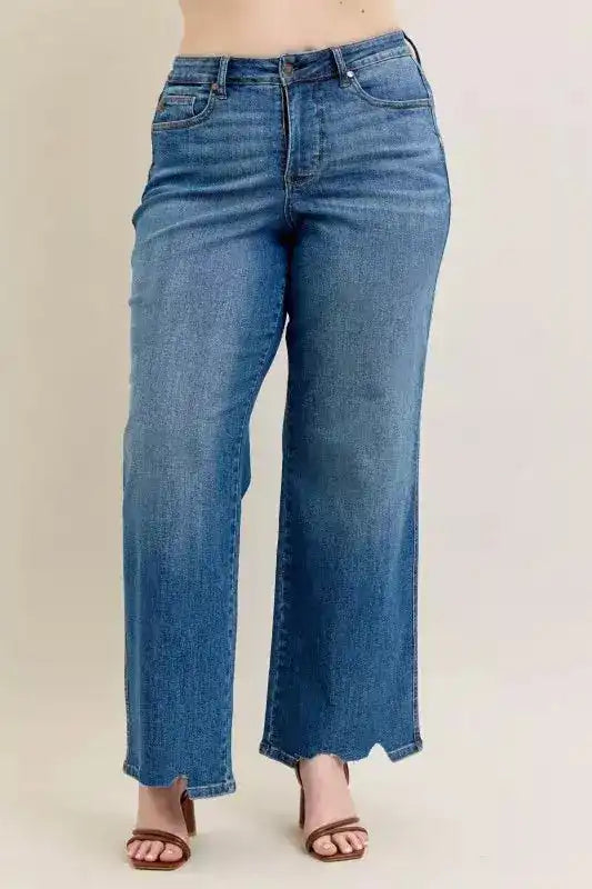 Judy Blue High Waist Tummy Control Chew Hem Destroy Wide Jeans - Sleekdenim.com