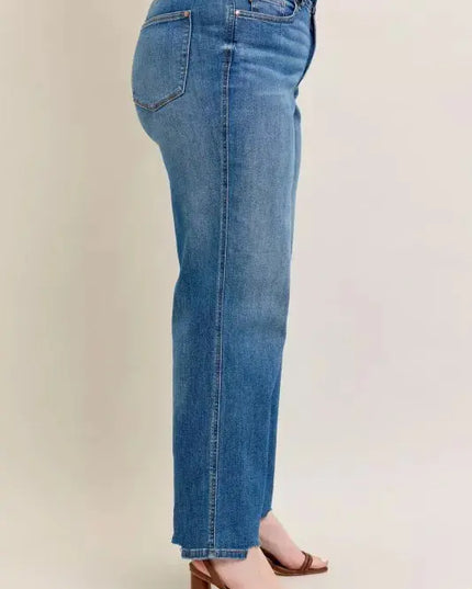 Judy Blue Full Size High Waist Tummy Control Chew Hem Destroy Wide Jeans Plus Size - Sleekdenim.com