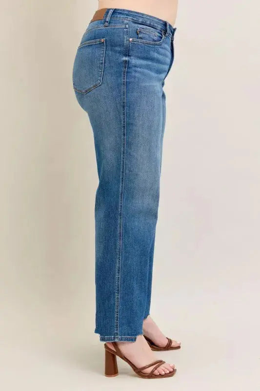 Judy Blue Full Size High Waist Tummy Control Chew Hem Destroy Wide Jeans Plus Size - Sleekdenim.com