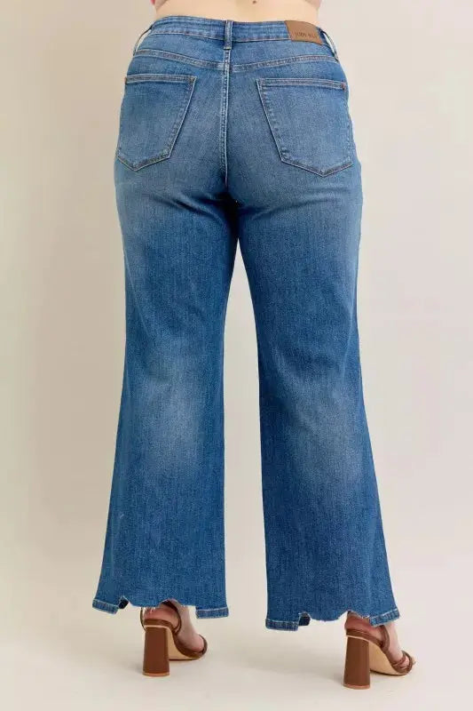 Judy Blue Full Size High Waist Tummy Control Chew Hem Destroy Wide Jeans Plus Size - Sleekdenim.com