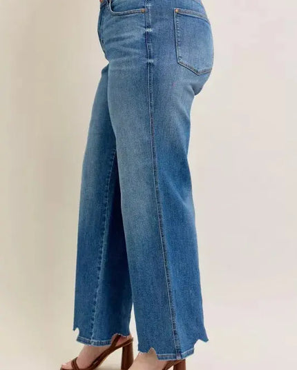 Judy Blue Full Size High Waist Tummy Control Chew Hem Destroy Wide Jeans Plus Size - Sleekdenim.com
