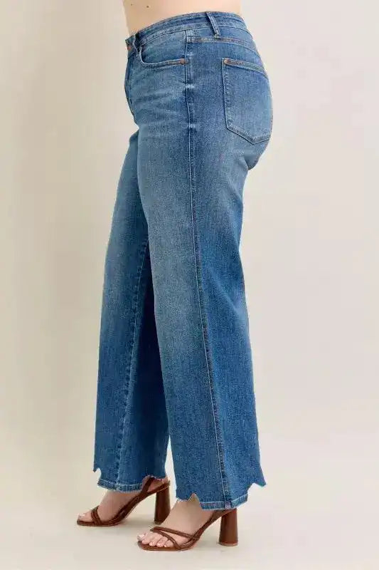 Judy Blue High Waist Tummy Control Chew Hem Destroy Wide Jeans - Sleekdenim.com