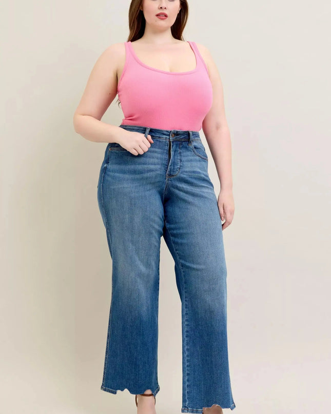 Judy Blue Full Size High Waist Tummy Control Chew Hem Destroy Wide Jeans Plus Size - Sleekdenim.com