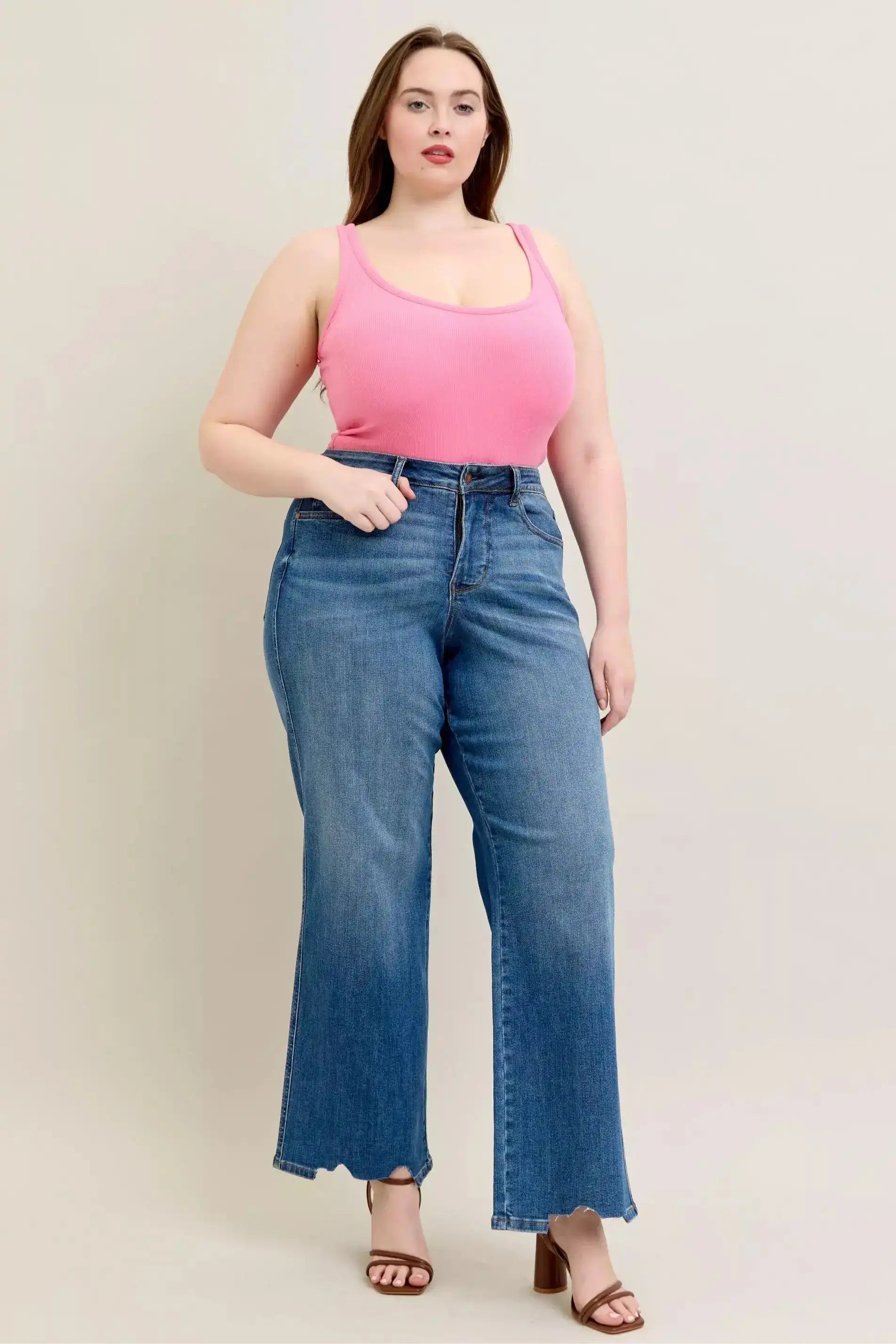 Judy Blue High Waist Tummy Control Chew Hem Destroy Wide Jeans - Sleekdenim.com