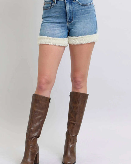 Judy Blue High Waist Tummy Control Shearling Cuff Denim Shorts 150290 - Sleekdenim.com